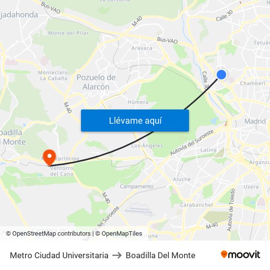 Metro Ciudad Universitaria to Boadilla Del Monte map