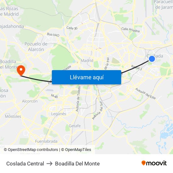 Coslada Central to Boadilla Del Monte map