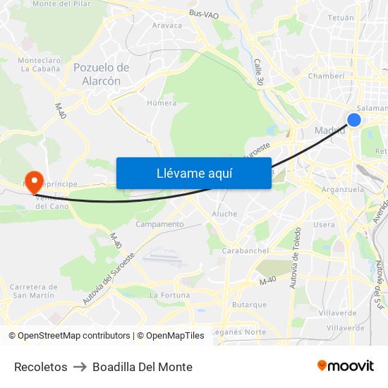 Recoletos to Boadilla Del Monte map