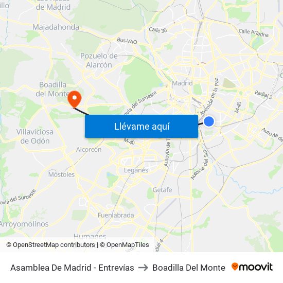 Asamblea De Madrid - Entrevías to Boadilla Del Monte map
