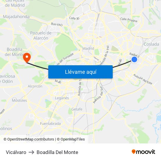 Vicálvaro to Boadilla Del Monte map
