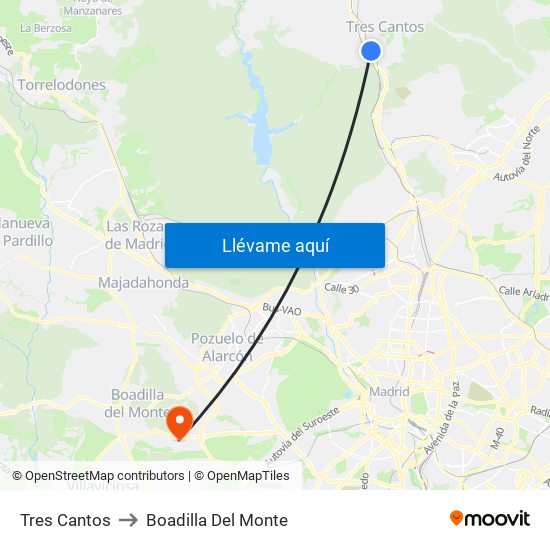 Tres Cantos to Boadilla Del Monte map