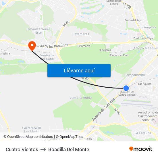 Cuatro Vientos to Boadilla Del Monte map