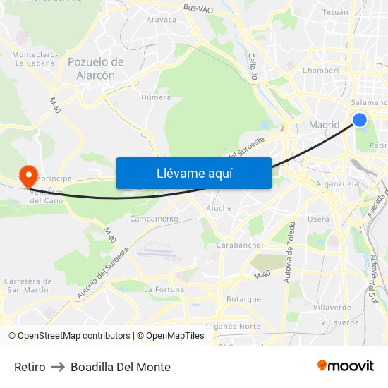 Retiro to Boadilla Del Monte map