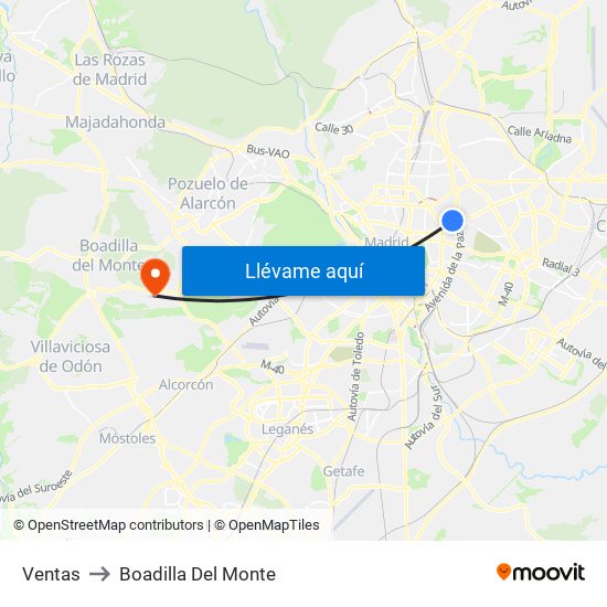 Ventas to Boadilla Del Monte map