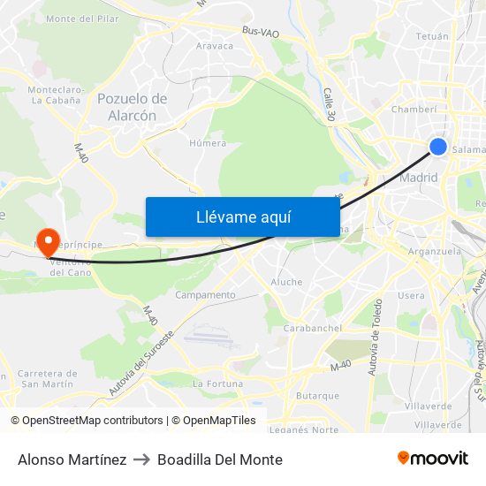 Alonso Martínez to Boadilla Del Monte map