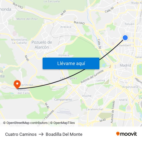Cuatro Caminos to Boadilla Del Monte map