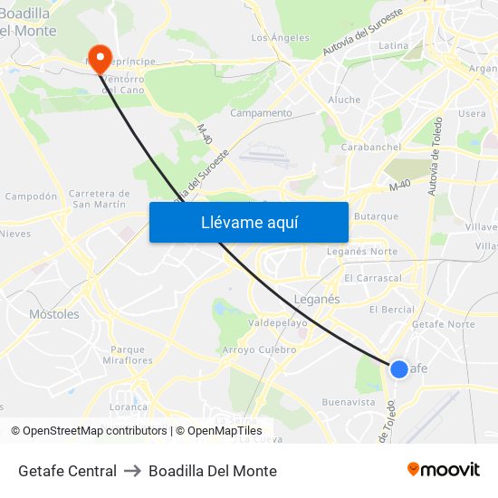 Getafe Central to Boadilla Del Monte map