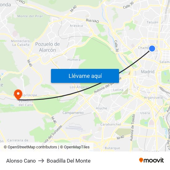 Alonso Cano to Boadilla Del Monte map