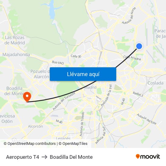 Aeropuerto T4 to Boadilla Del Monte map