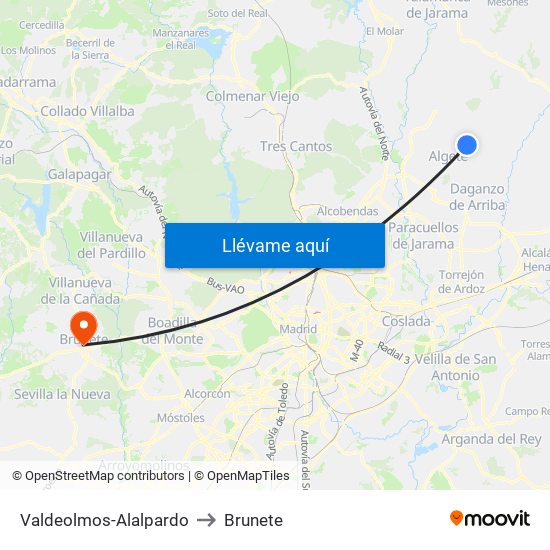 Valdeolmos-Alalpardo to Brunete map