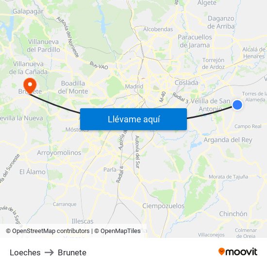 Loeches to Brunete map