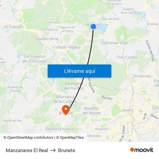 Manzanares El Real to Brunete map