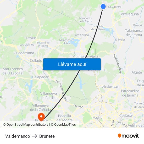 Valdemanco to Brunete map