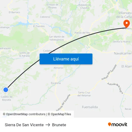 Sierra De San Vicente to Brunete map