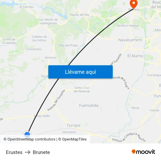 Erustes to Brunete map