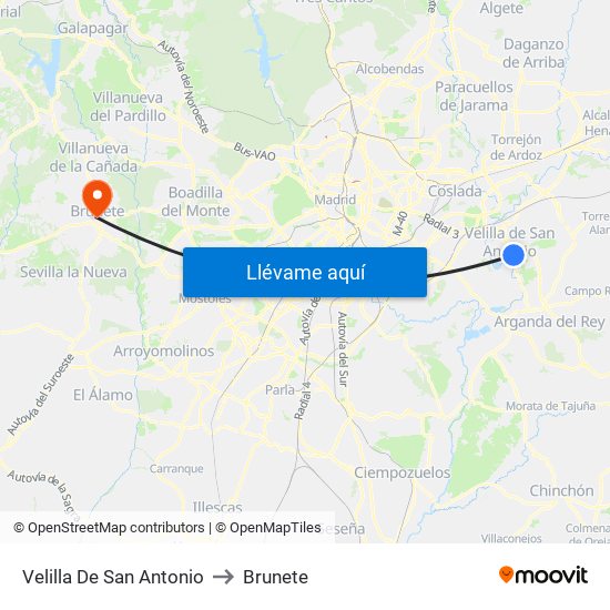 Velilla De San Antonio to Brunete map
