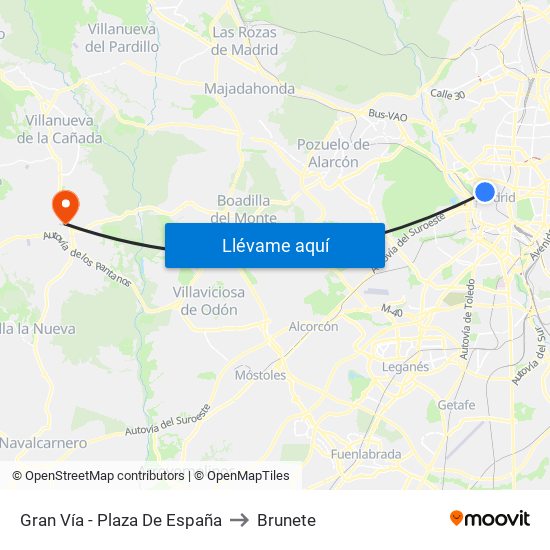 Gran Vía - Plaza De España to Brunete map
