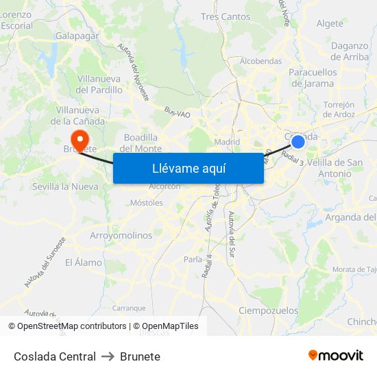 Coslada Central to Brunete map