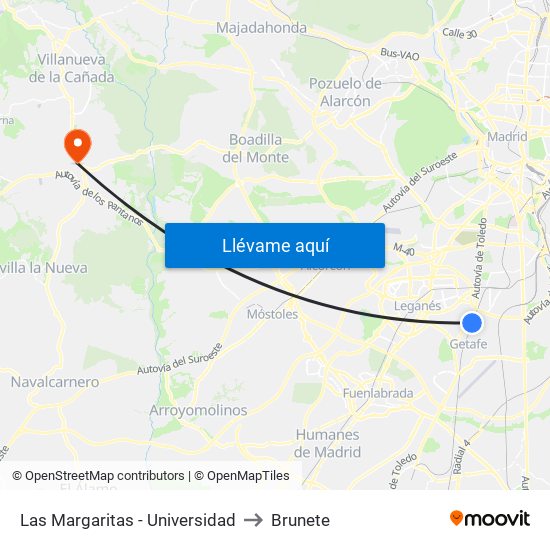Las Margaritas - Universidad to Brunete map