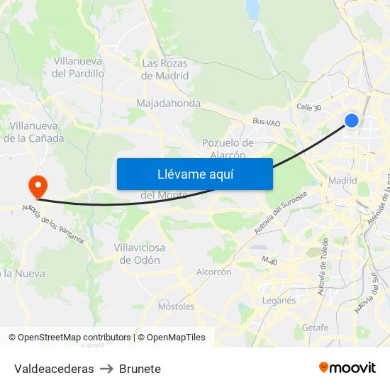 Valdeacederas to Brunete map