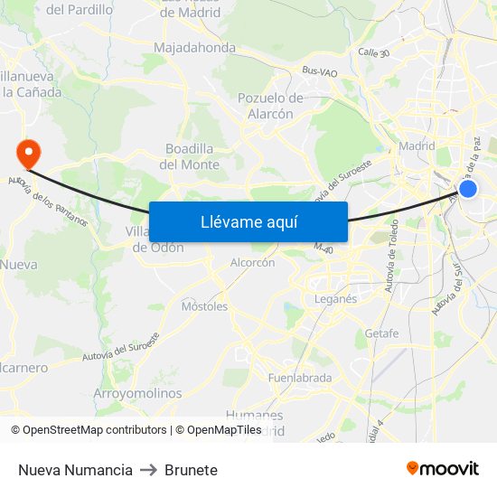 Nueva Numancia to Brunete map