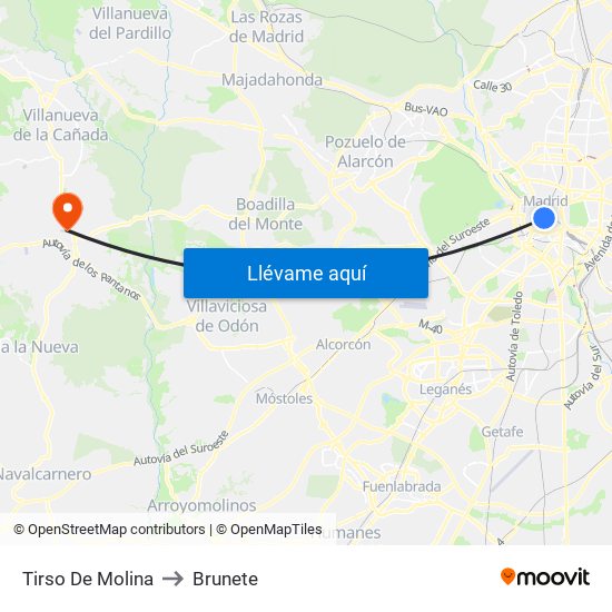 Tirso De Molina to Brunete map