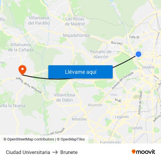 Ciudad Universitaria to Brunete map