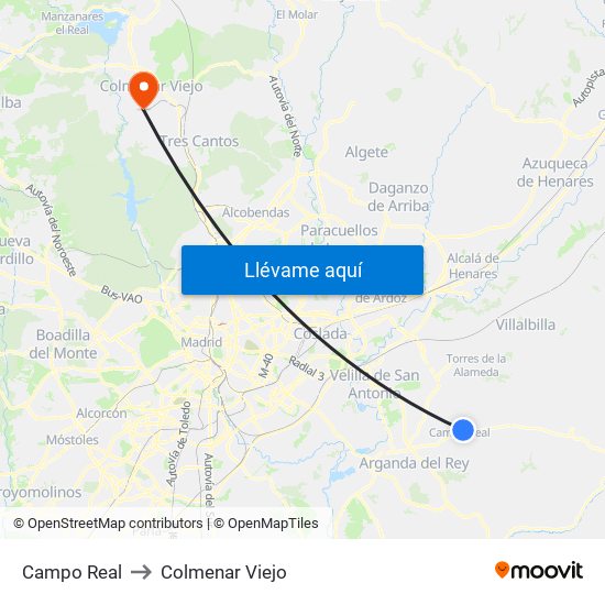Campo Real to Colmenar Viejo map