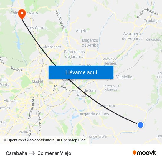 Carabaña to Colmenar Viejo map