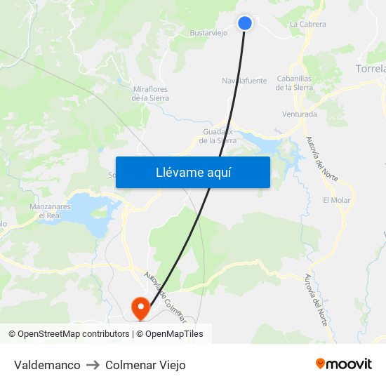 Valdemanco to Colmenar Viejo map