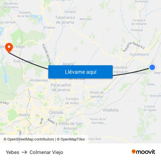 Yebes to Colmenar Viejo map
