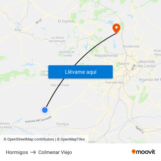Hormigos to Colmenar Viejo map