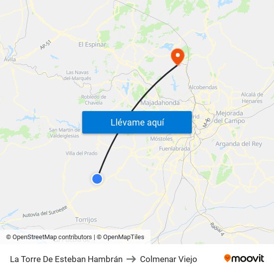 La Torre De Esteban Hambrán to Colmenar Viejo map