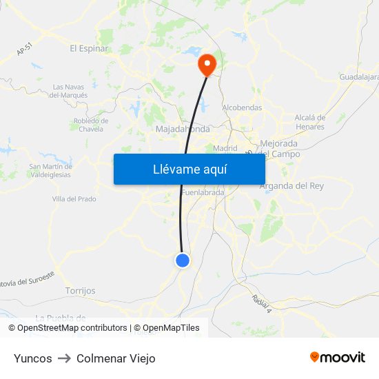 Yuncos to Colmenar Viejo map