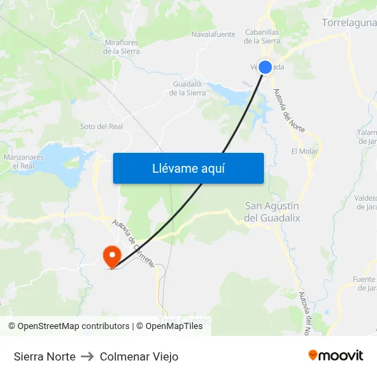 Sierra Norte to Colmenar Viejo map