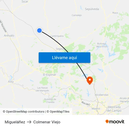 Migueláñez to Colmenar Viejo map
