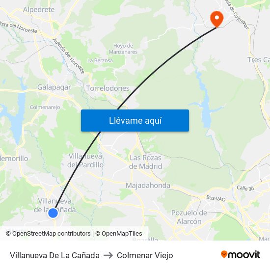 Villanueva De La Cañada to Colmenar Viejo map