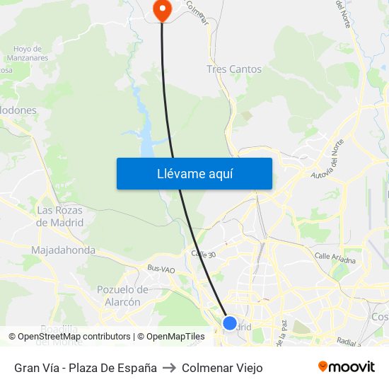 Gran Vía - Plaza De España to Colmenar Viejo map
