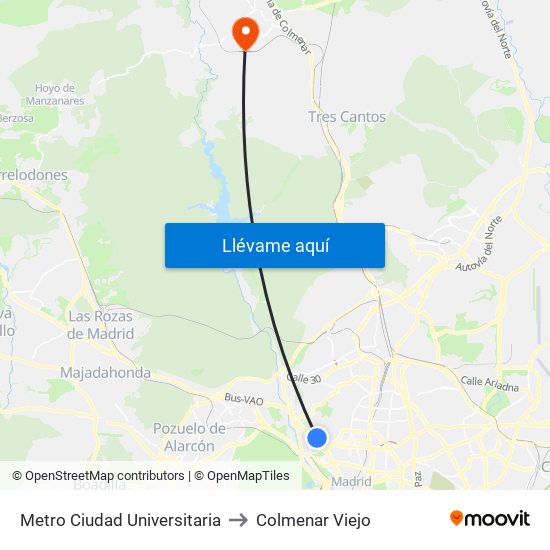 Metro Ciudad Universitaria to Colmenar Viejo map
