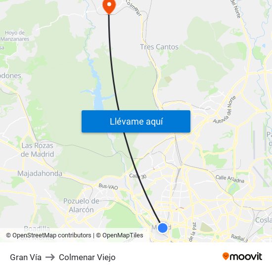 Gran Vía to Colmenar Viejo map