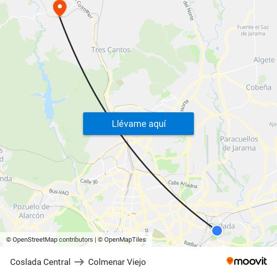 Coslada Central to Colmenar Viejo map