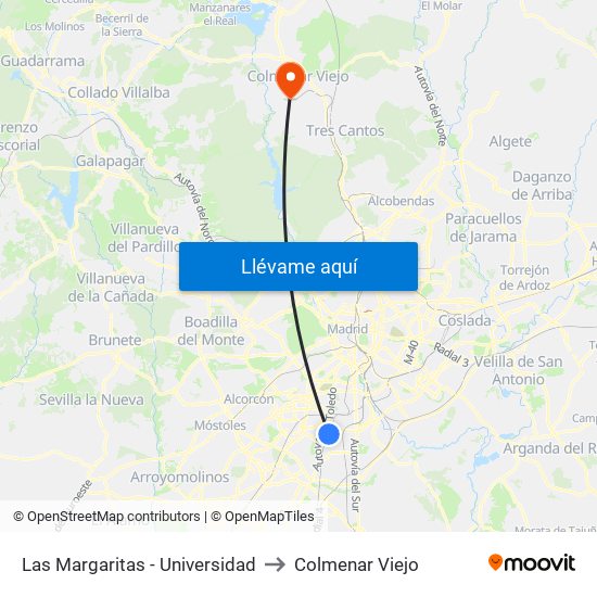 Las Margaritas - Universidad to Colmenar Viejo map