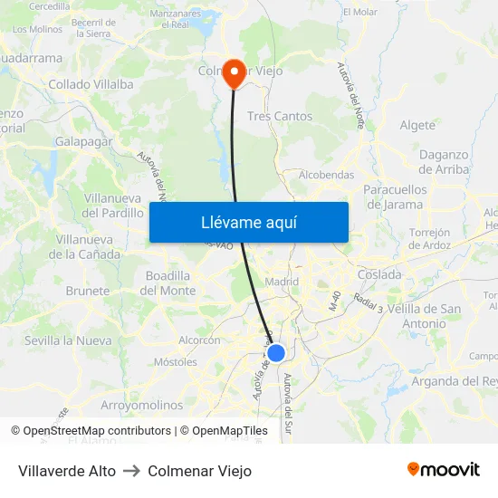 Villaverde Alto to Colmenar Viejo map