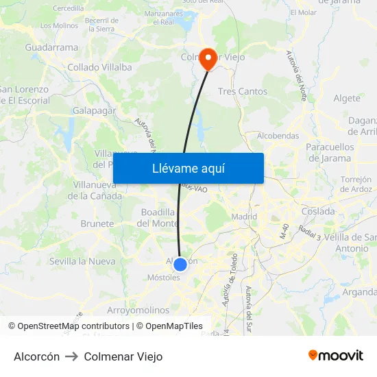 Alcorcón to Colmenar Viejo map