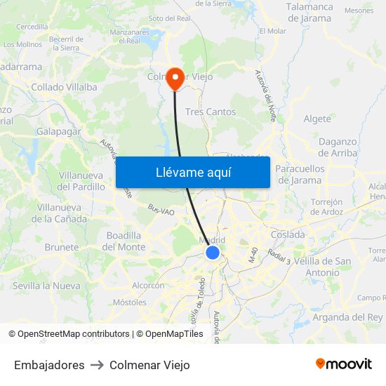 Embajadores to Colmenar Viejo map