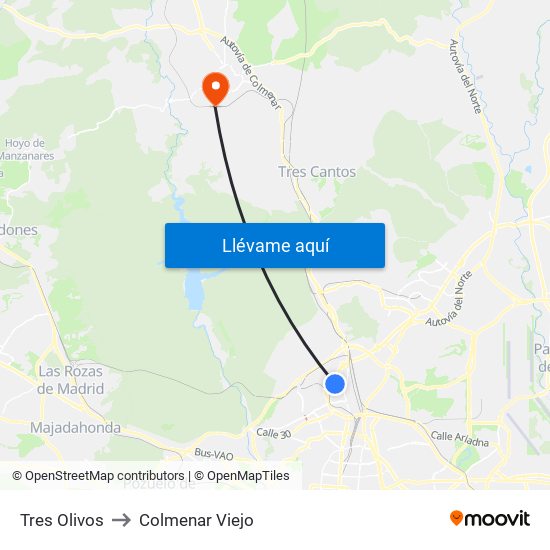 Tres Olivos to Colmenar Viejo map