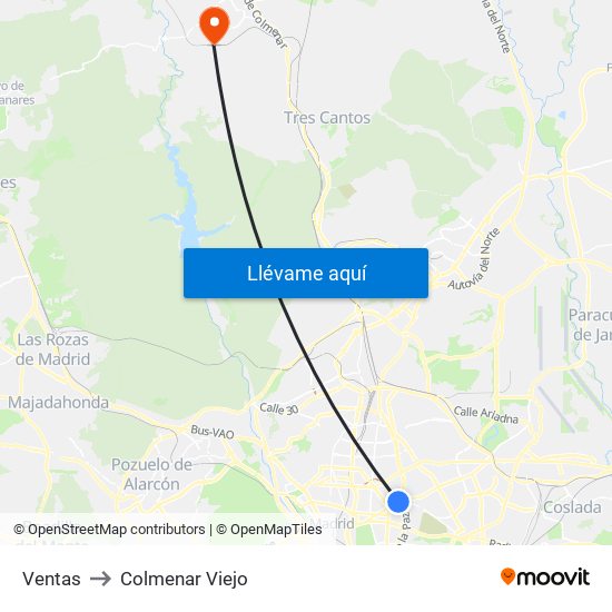 Ventas to Colmenar Viejo map