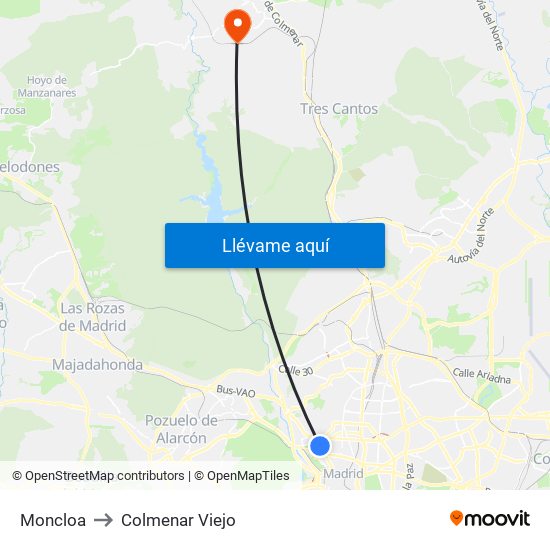 Moncloa to Colmenar Viejo map