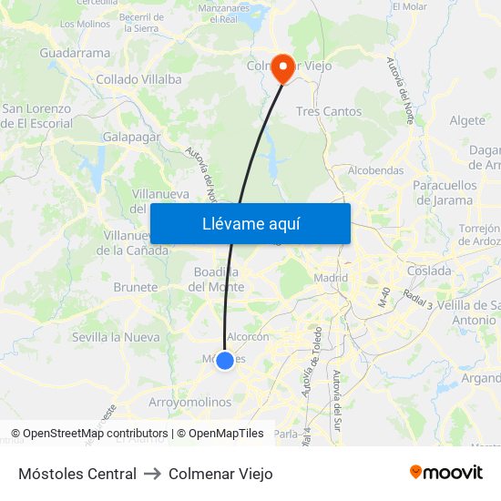 Móstoles Central to Colmenar Viejo map